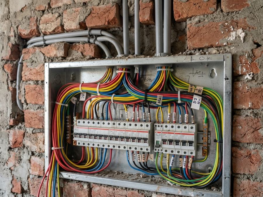 Distribution board with green and yellow earth wires and breakers