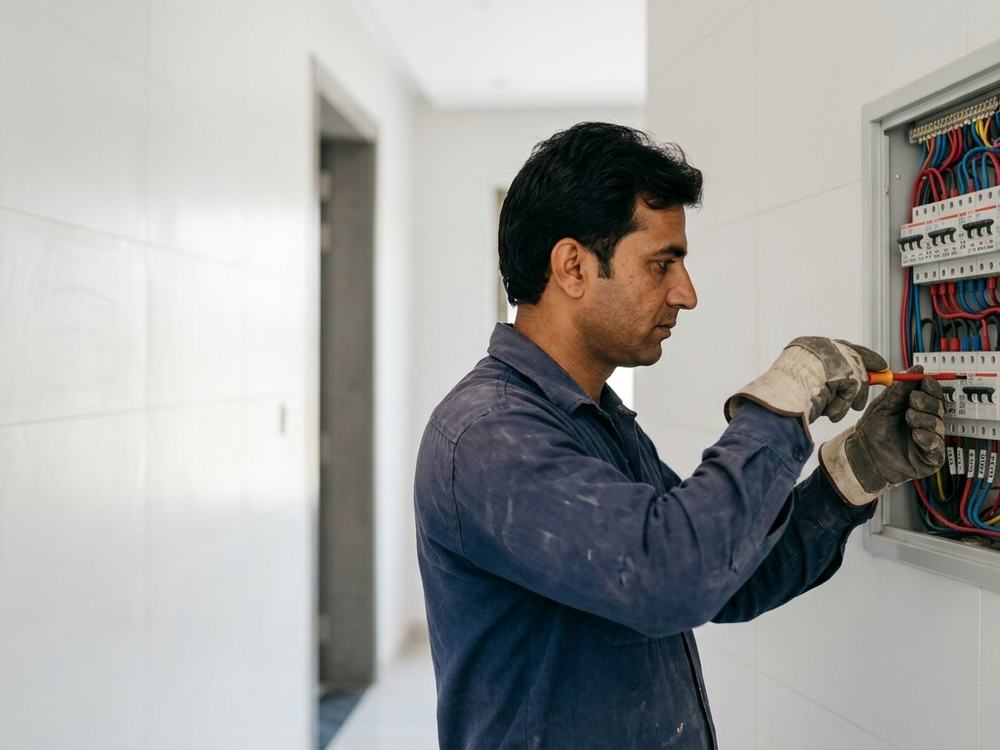 Electrician tightening a breaker with a screwdriver