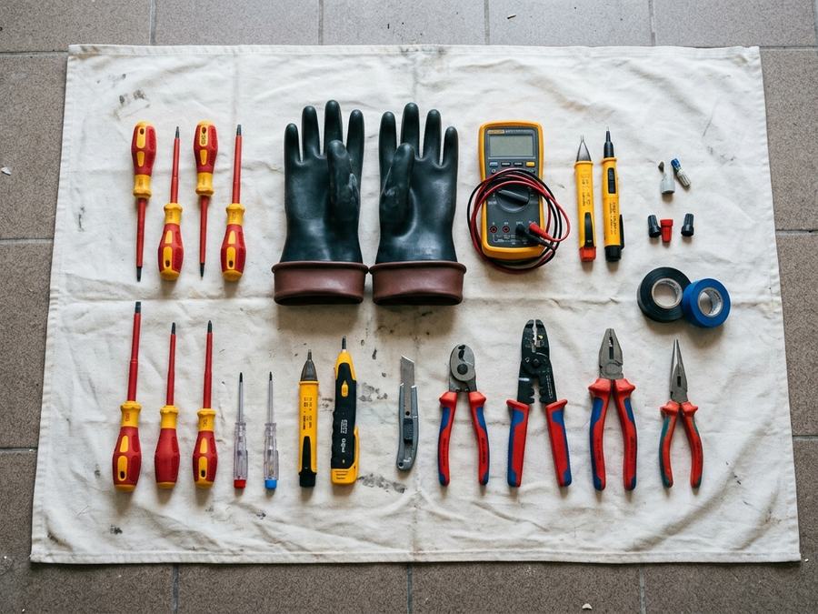 Insulated screwdrivers, pliers, gloves and a multimeter laid out on a cloth