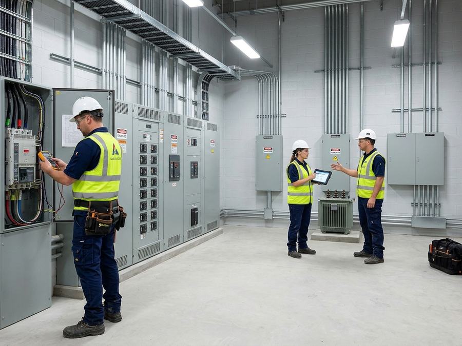 Engineers inspecting a building's electrical room with large panels
