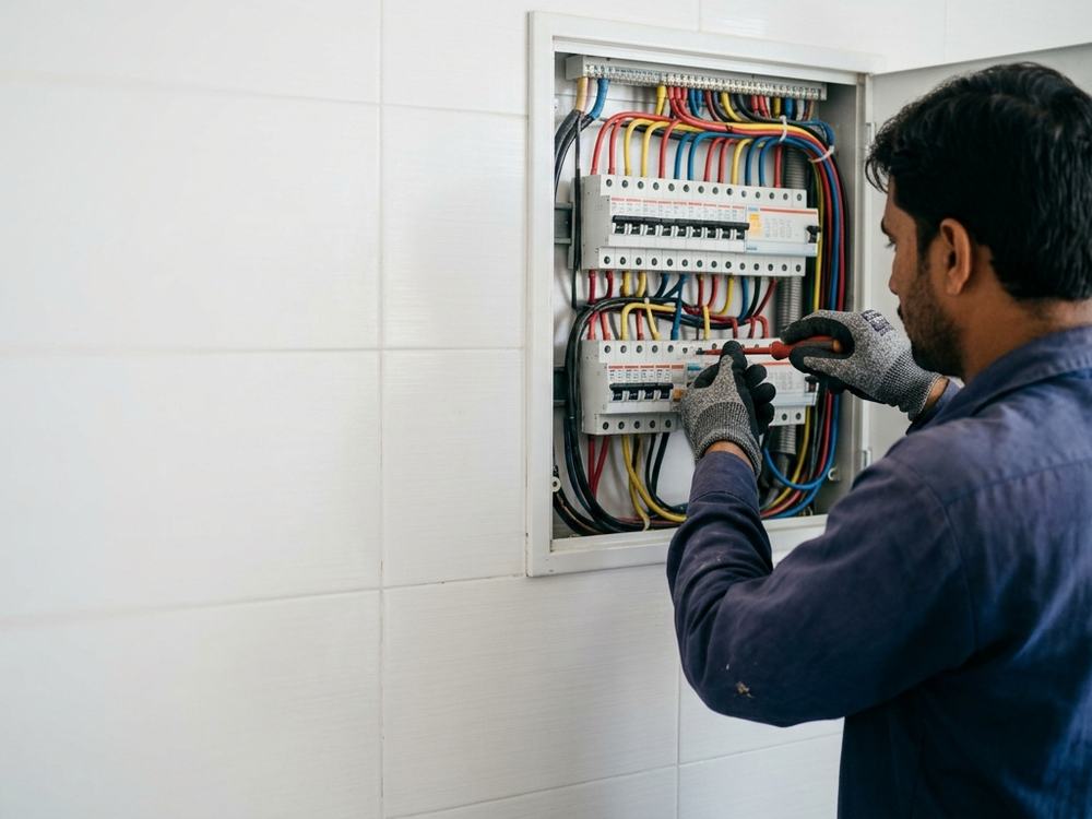 Electrician working on a distribution board in a tiled home