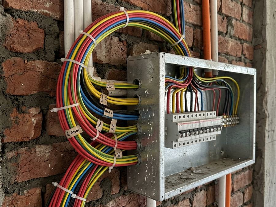 Distribution board with neat, labelled cables in a brick wall under construction